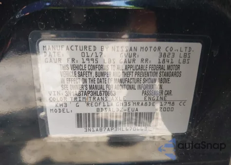 2017 Nissan Sentra Sv из США, поврежденный, VIN 3N1AB7AP3HL670663